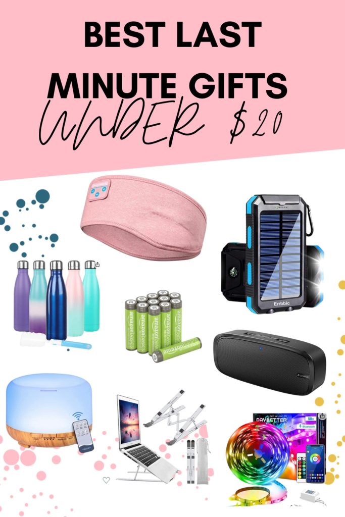 Last minute holiday gift ideas on Amazon for $20: Noise canceling headphones, stainless steal water bottle, solar power phone charger, rechargeable batteries, Bluetooth speaker, aromatherapy diffuser, adjustable laptop, and multicolored LED lights